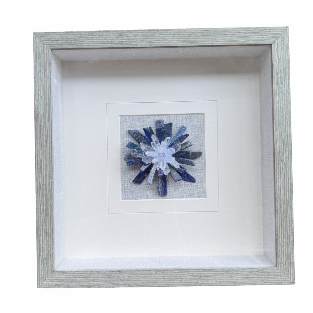 Coastal Boho Framed Mineral Crystal Wall Art Shadow Box Blue Quartz Decor 14”